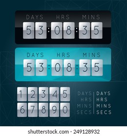 Countdown mechanical clock on digits board panel in flat style with different colors. Vector illustration.