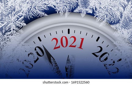 Countdown to midnight. Retro style clock counting last moments before Christmass or New Year 2021. Vector illustration. Christmas card 2021