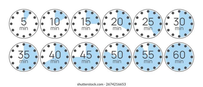 Timer de minutos de contagem regressiva definido. Ícone de cronômetro 5 10 15 20 25 30 35 40 45 50 55 60 min. Indicadores de progresso circulares. Hora de cozimento do rótulo. 