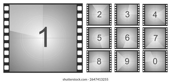 Countdown movie frame, film intro animation retro video screen. Start Timer set, film strip border, Vintage counter.