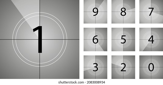 Countdown in movie with number from 9 to 0. Count of film or video on cinema screen. Animation background with counter. Start time of movie in vintage style. Clock of countdown. Vector.