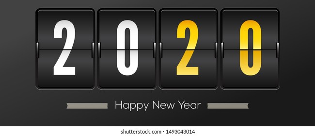 Countdown to new year 2020. Retro flip clock on black background. Template of greeting cards. Counting moment of onset Christmas or New Year 2020. Vector 3d illustration