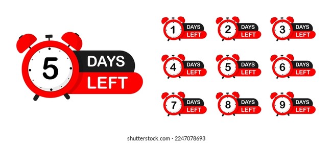 Countdown number 1, 2, 3, 4, 5, 6, 7, 8, 9, of days. Sale time countdown. Count down vector banner template. Number of days left. Promotional banners. Offer timer, sticker limited to few days