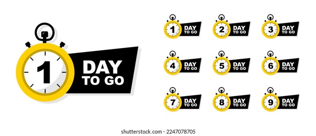 Countdown number 1, 2, 3, 4, 5, 6, 7, 8, 9, of days. Sale time countdown. Count down vector banner template. Number of days left. Promotional banners. Offer timer, sticker limited to few days