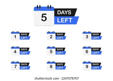 Countdown number 1, 2, 3, 4, 5, 6, 7, 8, 9, of days. Sale time countdown. Count down vector banner template. Number of days left. Promotional banners. Offer timer, sticker limited to few days