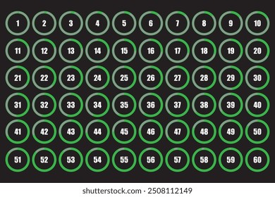 Countdown number icons. Circular progress indicators. Green and black color scheme. Vector infographic.