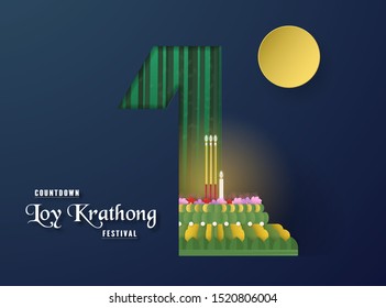 Countdown number for Loy Krathong festival. Number 1. Vector illustration designs in minimal style for template,cover,invitation,card.