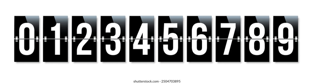 Countdown numbers. Counter of all numbers from zero to nine. Flip board vector illustration. Scoreboard of flights in airport terminal. Time of arrival, departure. Realistic analog timetable.