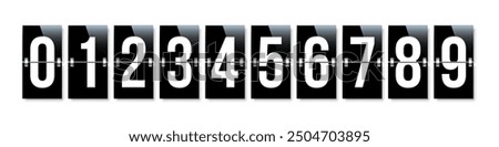 Countdown numbers. Counter of all numbers from zero to nine. Flip board vector illustration. Scoreboard of flights in airport terminal. Time of arrival, departure. Realistic analog timetable.