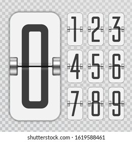 Countdown numbers flip counter isolated on transparent background. White mechanical scoreboard vector template in realistic style. Retro flips clock. Vector illustration EPS 10.