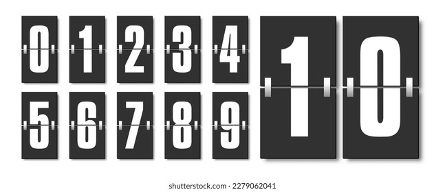 Countdown numbers flip counter vector isolated set. Retro style flip clock or scoreboard mechanical numbers 1 to 0 set white on black. Vector 10 eps.