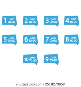 Countdown numbers set. Ten blue speech bubbles. Days to go text. Vector countdown icons.