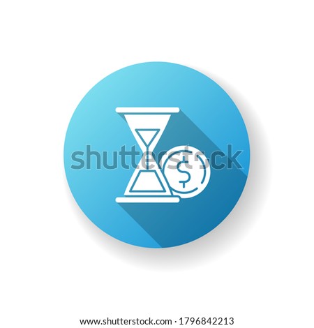 Countdown to payment blue flat design long shadow glyph icon. Hourglass watch with gold coin. Economic procedure. Financial and banking service. Credit debt. Silhouette RGB color illustration