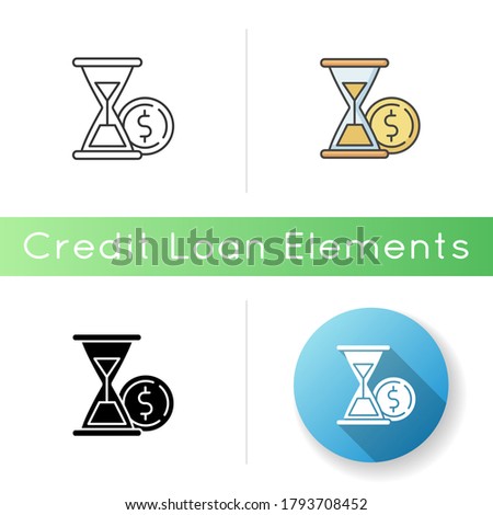 Countdown to payment icon. Hourglass watch with gold coin. Economic procedure. Financial and banking service. Earn profit. Credit debt. Linear black and RGB color styles. Isolated vector illustrations