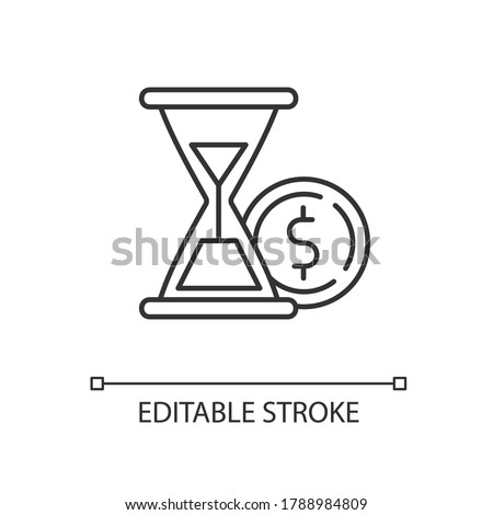 Countdown to payment linear icon. Hourglass watch with gold coin. Economic and financial service. Thin line customizable illustration. Contour symbol. Vector isolated outline drawing. Editable stroke