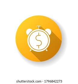 Countdown to payout flat design long shadow glyph icon. Alarm clock with dollar sign. Future fund. Financial asset. Time to pay loan. Future income. Bank payback. Silhouette RGB color illustration