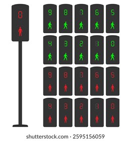 Countdown pedestrian traffic lights. Vector illustration depicting series of pedestrian traffic light displays featuring a countdown timer