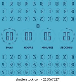 Countdown, round digital diagrams set. Stopwatch, coming soon, time counting, timer, deadline and counter, flat design elements. Vector illustration. EPS 8, no gradients, no transparency
