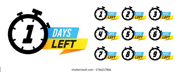 Countdown sign. Days left to go sale marketing badges, labels with alarm clock numbers, offer promotion deal timer. Simple flat vector illustration