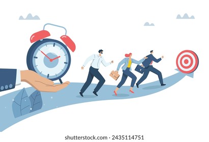 Signo de cuenta regresiva en un reloj grande, Programación profesional de equipos de trabajo a tiempo, Concepto de cronometraje, Organización empresarial eficiente, Equipo de negocios que compite contra el tiempo. Ilustración de diseño vectorial.