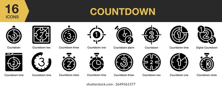 Countdown solid icon set. Includes countdown, clock, time, timer, number, alarm, and More. Solid icons vector collection.