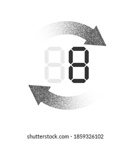 Countdown. stop. 8. Electronic number eight, digital, download. Arrow noise. Vector overlay template. Isolated background.