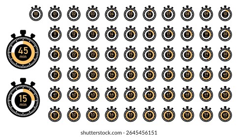 Countdown stopwatch icons from 1 to 60 minutes. Circular timers with numeric labels and progress segments, ideal for time tracking, sports, and fitness designs.