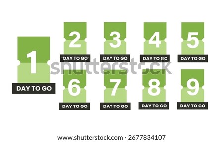 Countdown Tiles from 9 to 1, Event Launch Graphic with Green Black Design, Countdown days to go poster. Count time display with all numbers from zero to nine. Sales or promotion clock