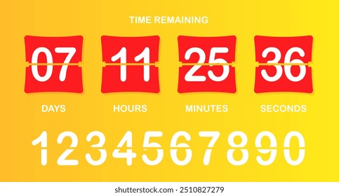 Countdown. Time remained, days, hours, minutes, seconds, numbers, flip, timer, limited offer hurry up, sale, advertising, watch, business ad, marketing ploy, customer acquisition, deadline, yellow red