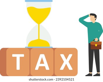Countdown time for tax deadline concept, hourglass or sand on wooden cube block with letters TAX with standing character looking up at hourglass, vector flat illustration.

