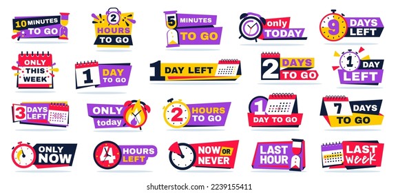 Countdown timer badges. Minutes clock, hours tag and days to go, time left and only this week banners with calendar icon vector set of offer day badge timer illustration