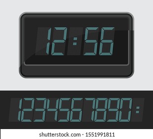 Countdown timer. Clock counter. A set of digits from 0 to 9. Black dial and green numbers. Scoreboard with hours and minutes. Vector template for your design.