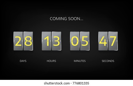 Countdown timer clock counter. Countdown web site flat template. Flip business scoreboard display design. Vector illustration on dark background