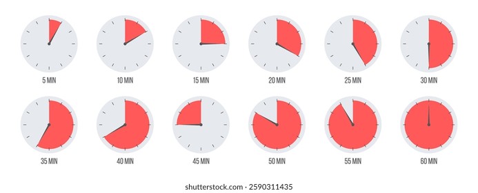 Countdown timer, clock, stopwatch vector icons set. Full rotation arrow timer. 5 minute to 1 hours stopwatches. Collection of timers in flat style isolated on white background. Vector illustration.