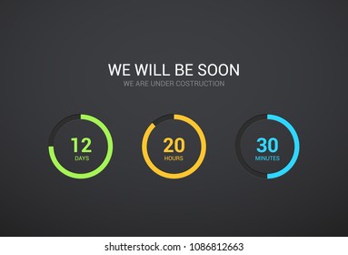 Countdown timer design for website. Clock timer design on dark background. Coming soon app modern flat counter.