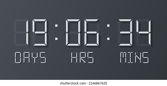 Countdown timer. Digital counter with numbers, alarm clock electronic display. Stopwatch with info about day minutes and hours, web board exact vector concept