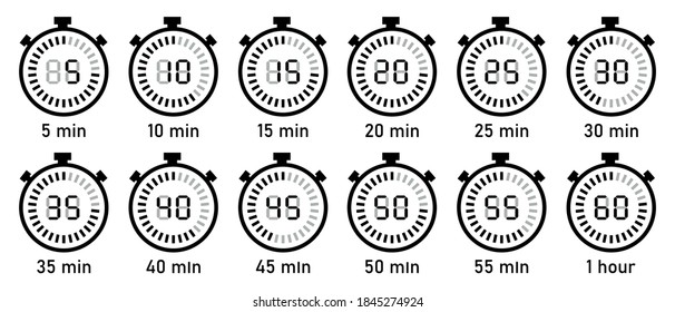 Countdown Timer with digital display. Clock, Stopwatch, digital timers vector icon set. Full rotation arrow timer. Collection of simple timers in flat style isolated on background. Vector illustration