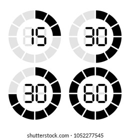 Countdown timer with fifteen minutes interval in modern style. Set of 4 timer icons. Vector illustration