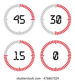 Countdown timer with fifteen minutes interval in modern style. Set of 4 timer icons. Vector illustration on a white background. 