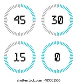 Countdown timer with fifteen minutes interval in modern style. Set of 4 timer icons. Vector illustration on a white background. 