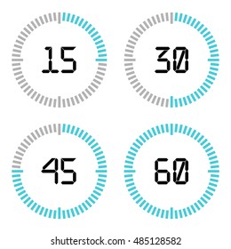 Countdown timer with fifteen minutes interval in modern style. Set of 4 timer icons. Vector illustration on a white background. 