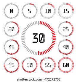 Countdown timer with five minutes interval in modern style. Set of 13 timer icons. Vector illustration on a white background. 