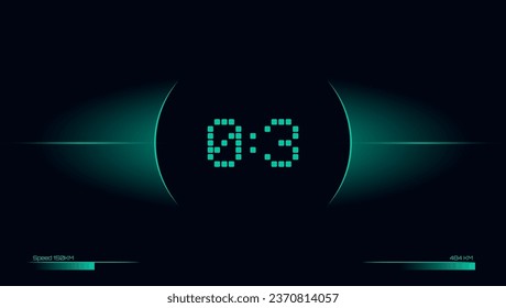 Countdown timer green truquoise gaming time elapsed on dark background with speed meter indicator. Digital clock.