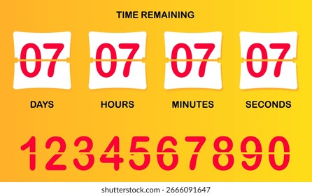 Countdown timer icon. Flip-style numeric display showing days, hours, minutes, seconds with brown background, bold split numbers, and a clear time-remaining header in white text.