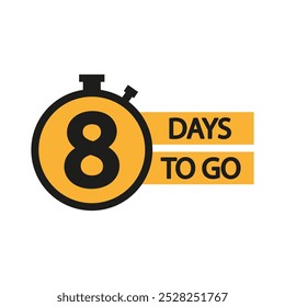 Countdown timer icon. Number eight focus. 8 days to go. Yellow stopwatch graphic.