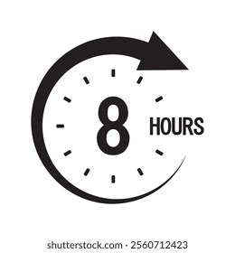 Countdown timer icon. Number eight focus. Bold 8 hours text. Monochrome arrow symbol.