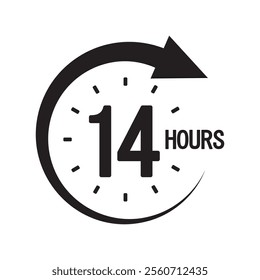 Countdown timer icon. Number fourteen focus. Bold 14 hours text. Monochrome arrow symbol.