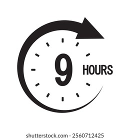 Countdown timer icon. Number nine focus. Bold 9 hours text. Monochrome arrow symbol.