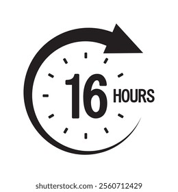 Countdown timer icon. Number sixteen focus. Bold 16 hours text. Monochrome arrow symbol.