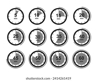 countdown timer icon symbol set. from 5 minute to 60 minute. timer clock stopwatch vector isolated on white background.	